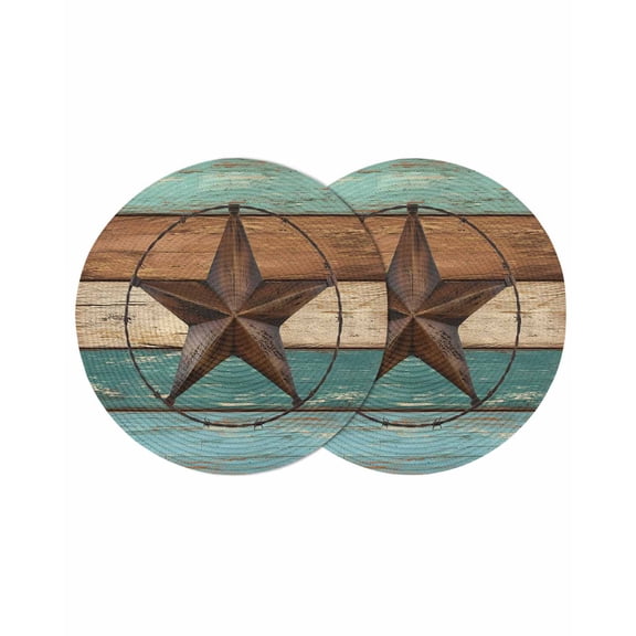 Round Woven Placemats set of 2, Farmhouse Barn Star Washable&Heat Resistant Plastic Wipeable Placemats for Round Table Rustic Brown Teal Wood Texture Kitchen Dining Table Decor, 13in,