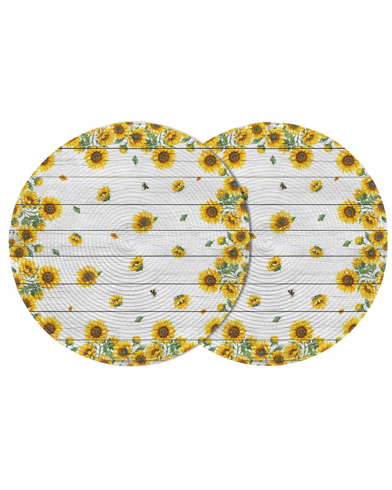 Round Woven Placemats set of 2, Farmhouse Sunflowers Floral Print ...