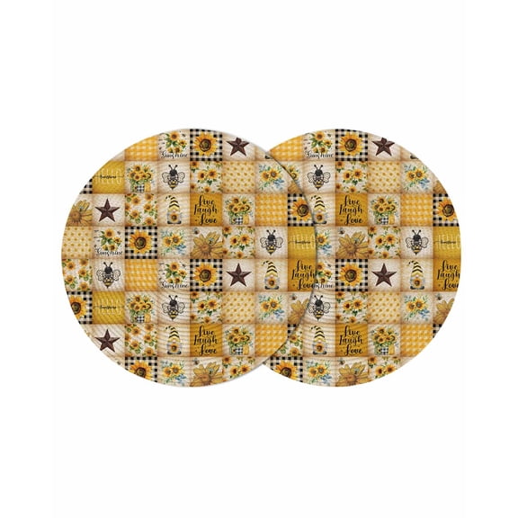 Round Woven Placemats set of 2, Farmhouse Washable&Heat Resistant Plastic Wipeable Placemats for Round Table Bee Gnome Sunflower Barn Star Kitchen Dining Table Decor, 13in, Yellow Checkered