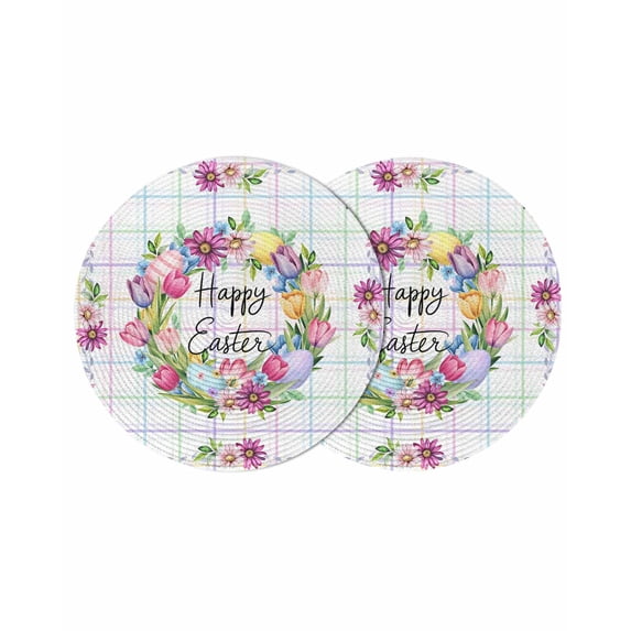 Round Woven Placemats set of 2, Happy Easter Washable & Heat Resistan-t Plastic Wipeable Placemats for Round Table Spring Tulips Eggs Daisy Floral Kitchen Dining Table Decor, 15in, Color Plaid