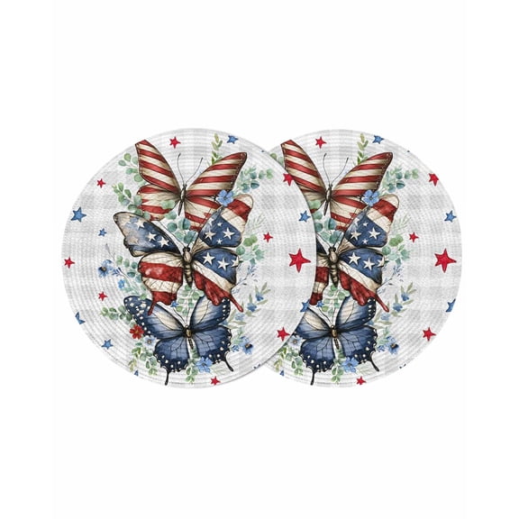 Round Woven Placemats set of 2, Patriotic Butterfly 4th of July Washable&Heat Resistant Plastic Wipeable Placemats for Round Table Farmouse Plaid Red Blue Stars Kitchen Dining Table Decor, 13in,
