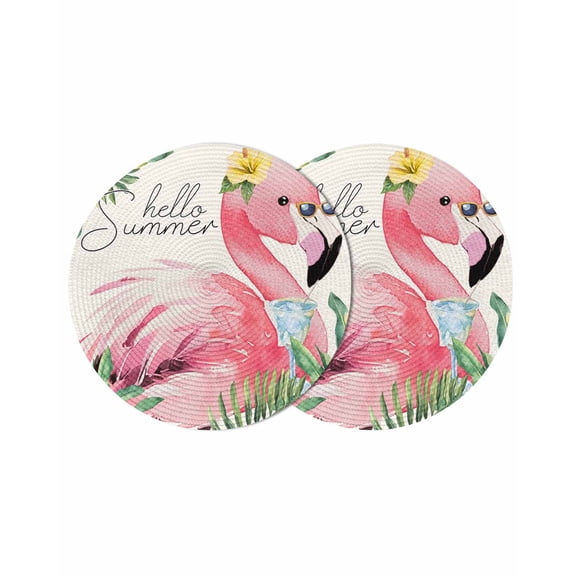 Round Woven Placemats set of 2, Pink Tropical Flamingos Washable&Heat Resistant Plastic Wipeable Placemats for Round Table Hello Summer Palm Leaf Kitchen Dining Table Decor, 13in, Green