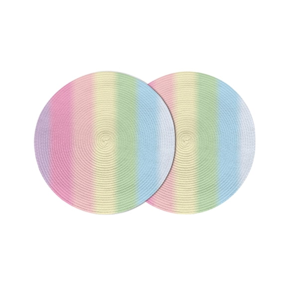 Round Woven Placemats set of 2, Rainbow Minimalnist Stripe Washable&Heat Resistant Plastic Wipeable Placemats for Round Table Candy Texture Kitchen Dining Table Decor, 15in,