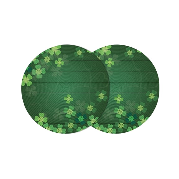 Round Woven Placemats set of 2, St. Patrick's Day Lucky Clovers Washable&Heat Resistant Plastic Wipeable Placemats for Round Table Rustic Vintage Farm Wood Kitchen Dining Table Decor, 15in, Green