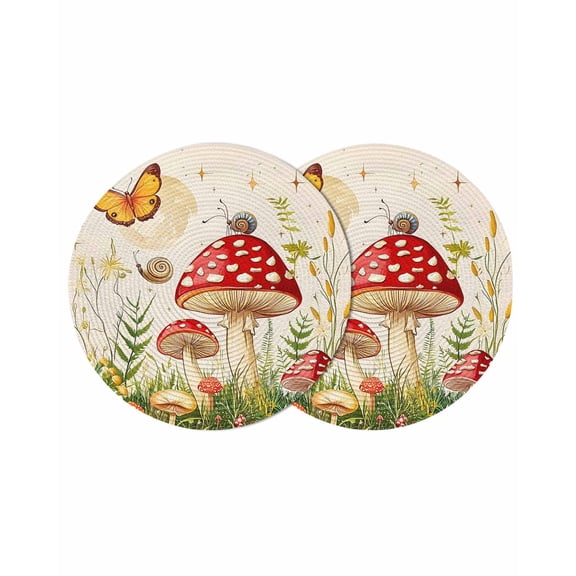 Round Woven Placemats set of 2, Tropical Country Washable&Heat Resistant Plastic Wipeable Placemats for Round Table Mushroom Butterfly Snails Kitchen Dining Table Decor, 15in, Red Green