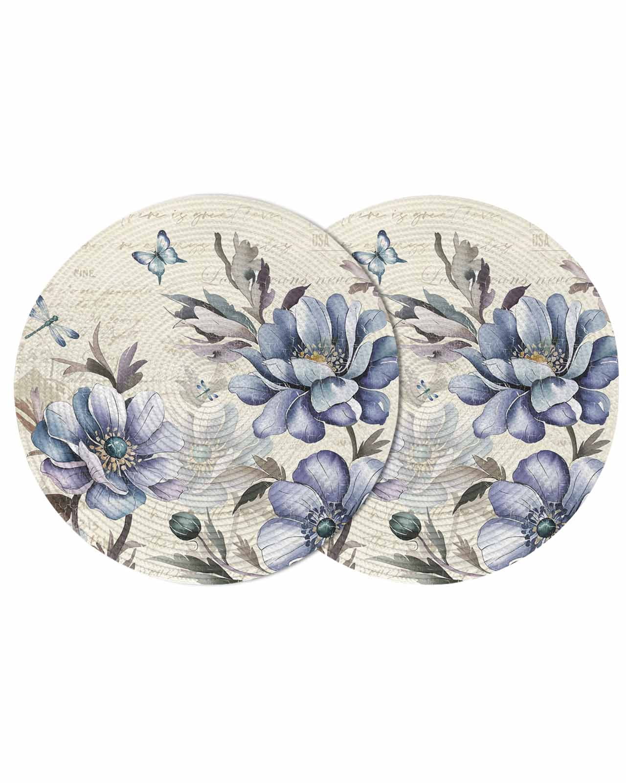 Round Woven Placemats set of 2, Vintage Butterfly Floral Washable&Heat ...
