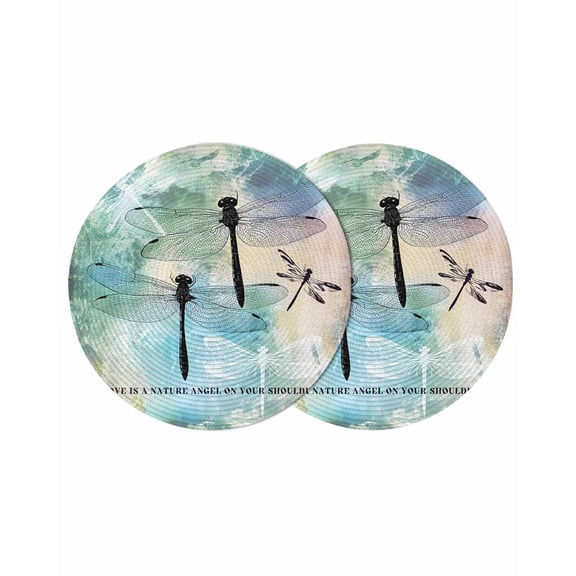 Round Woven Placemats set of 2, Vintage Dragonfly Washable&Heat Resistant Plastic Wipeable Placemats for Round Table Gradient Teal Green Kitchen Dining Table Decor, 13in,
