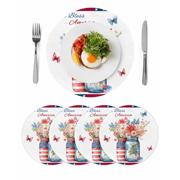 Round Woven Placemats set of 4, 4th of July Washable&Heat Resistant Plastic Wipeable Placemats for Round Table Patriotic Memorial Day Kitchen Dining Table Decor, 13in, God Bless America