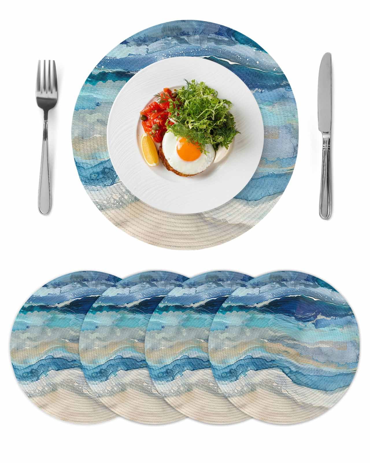 Round Woven Placemats set of 4, Blue Coastal Beach Washable&Heat Resistant Plastic Wipeable Placemats for Round Table Abstract Watercolor Oceans Waves Kitchen Dining Table Decor, 13in,