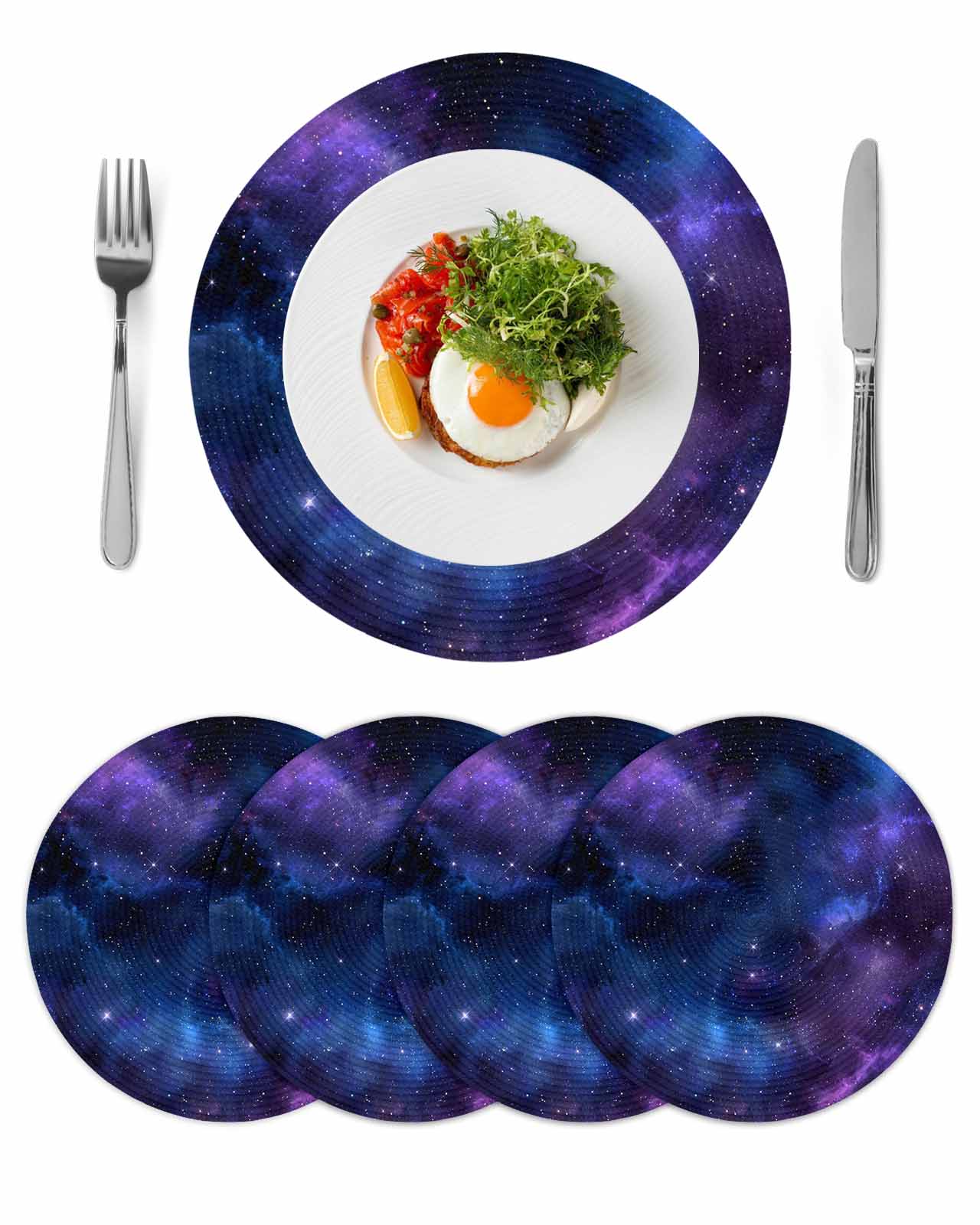 Round Woven Placemats set of 4, Blue Purple Galaxy Stars Washable&Heat ...