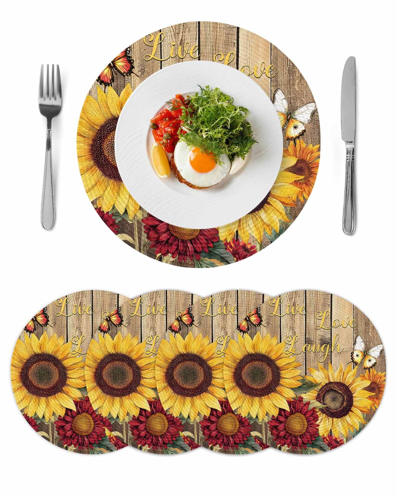 Round Woven Placemats set of 4, Butterfly Sunflower Washable&Heat ...