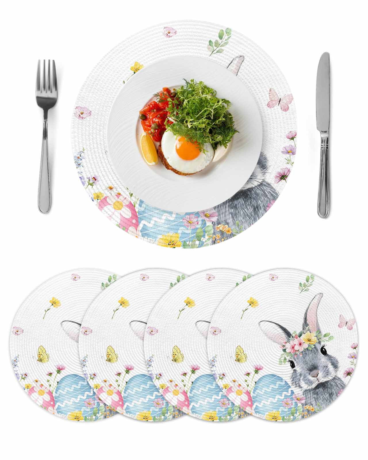 Round Woven Placemats set of 4, Easter Washable & Heat Resistan-t Plastic Wipeable Placemats for Round Table Easter Bunny Color Eggs Spring Floral Kitchen Dining Table Decor, 15in, White