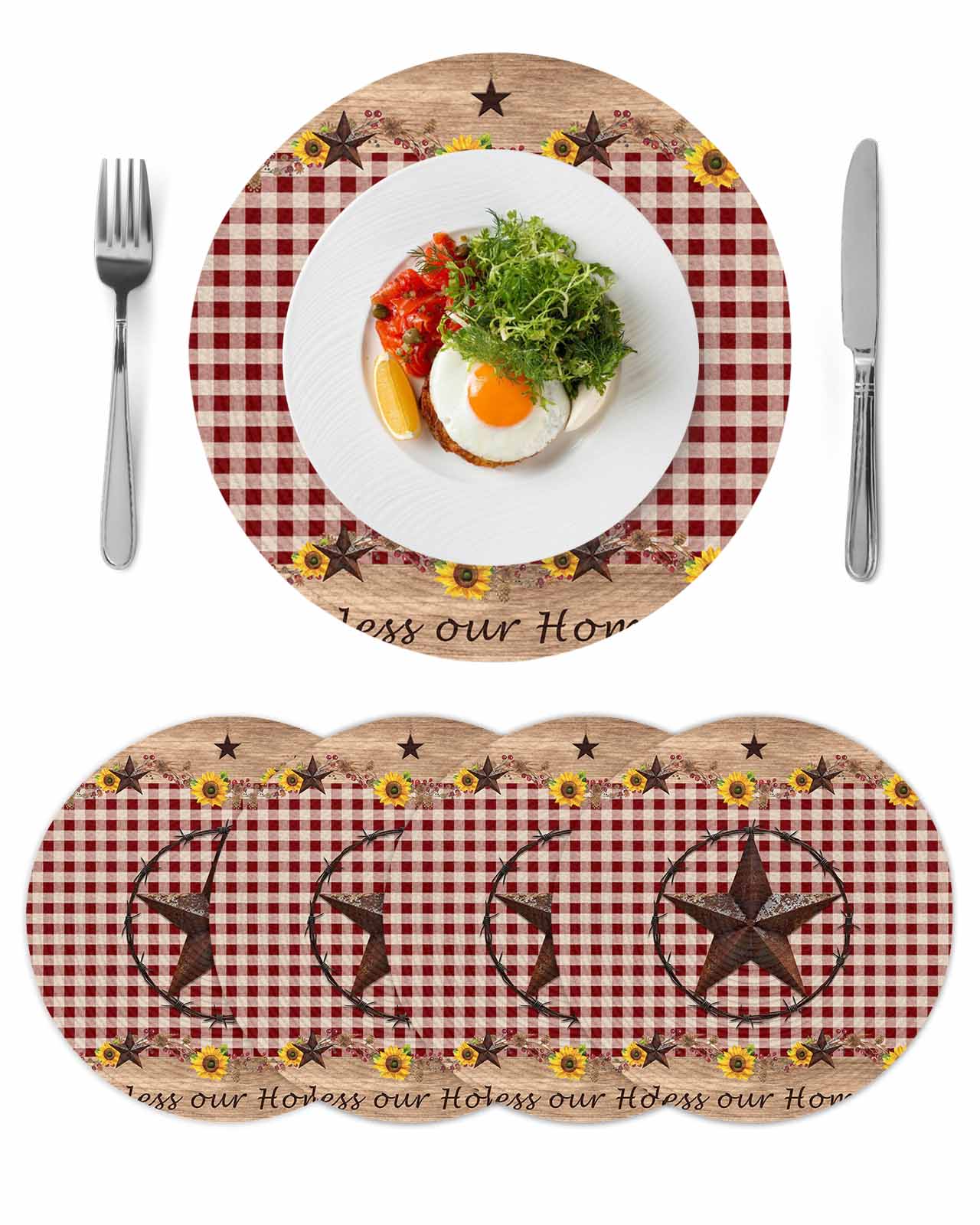 Round Woven Placemats set of 4, Farmhouse Barn Star Sunflower Washable ...