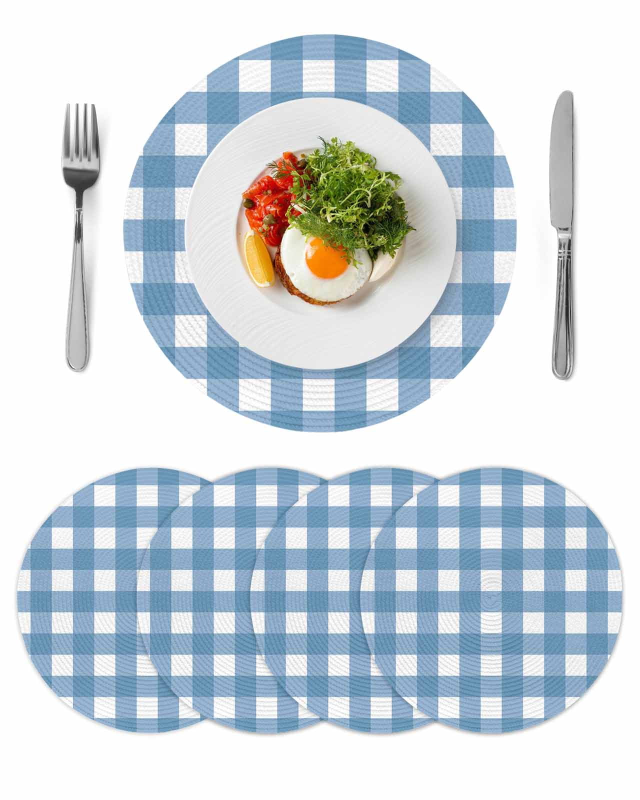 Round Woven Placemats set of 4, Farmhouse Vintage Washable&Heat Resistant Plastic Wipeable Placemats for Round Table Gingham Checkered Texture Kitchen Dining Table Decor, 13in, Steel Blue
