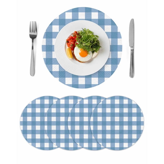 Round Woven Placemats set of 4, Farmhouse Vintage Washable&Heat Resistant Plastic Wipeable Placemats for Round Table Gingham Checkered Texture Kitchen Dining Table Decor, 13in, Steel Blue