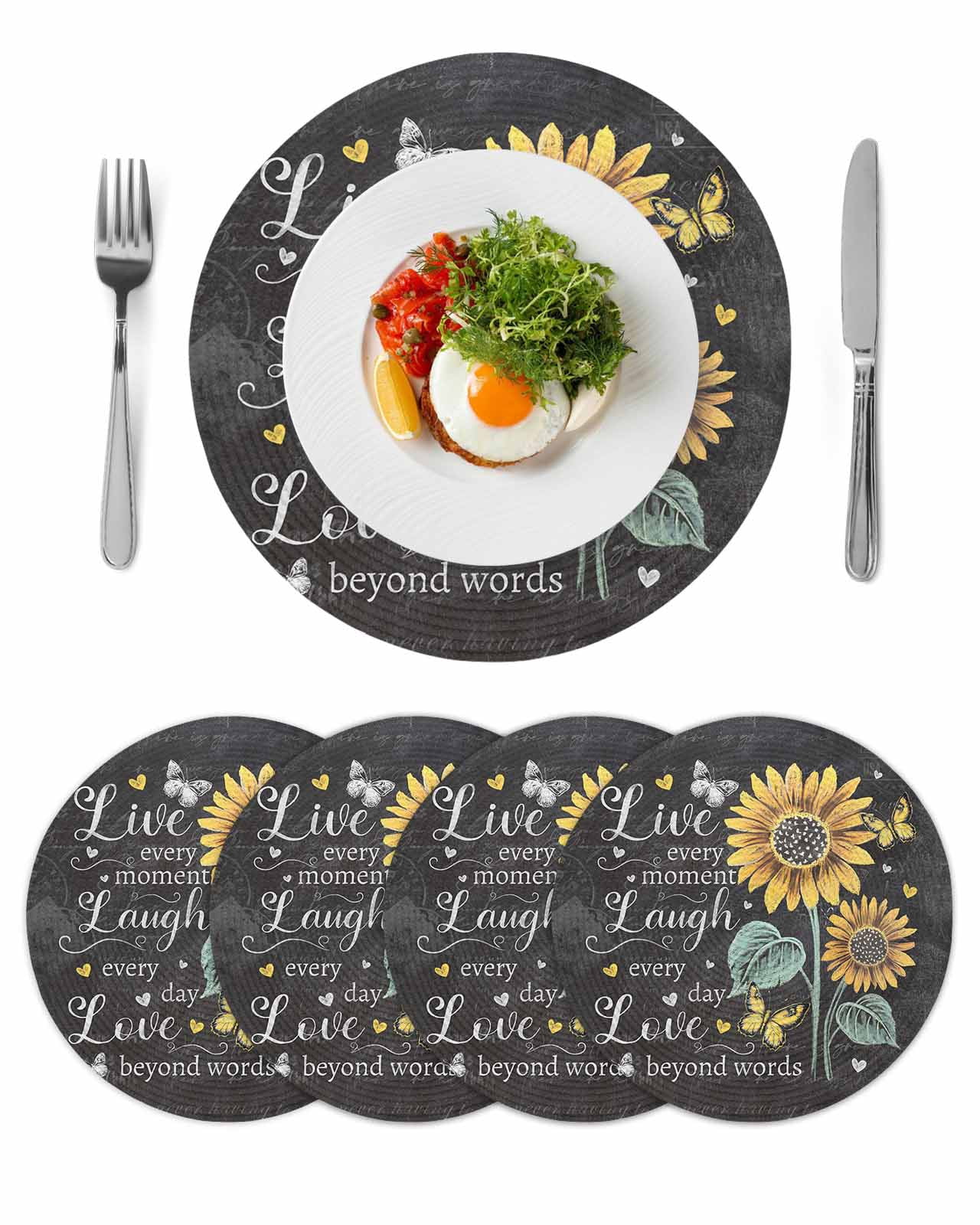 Round Woven Placemats set of 4, Inspirational Words Sunflower Washable ...