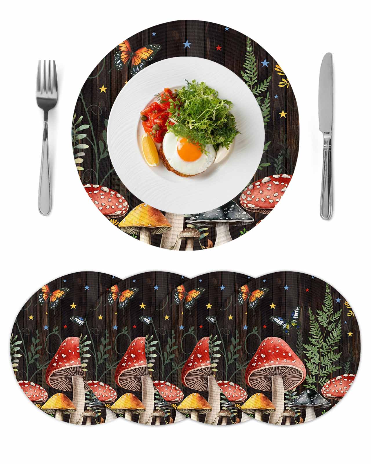 Round Woven Placemats set of 4, Mushroom Butterfly Botanical Washable ...