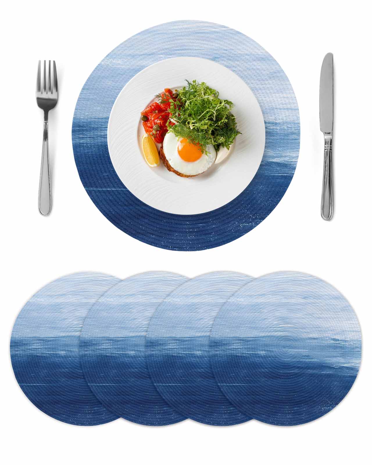 Round Woven Placemats set of 4, Navy Blue White Brush Stroke Textured ...