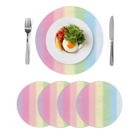 Round Woven Placemats set of 4, Rainbow Minimalnist Stripe Washable&Heat Resistant Plastic Wipeable Placemats for Round Table Candy Texture Kitchen Dining Table Decor, 15in,
