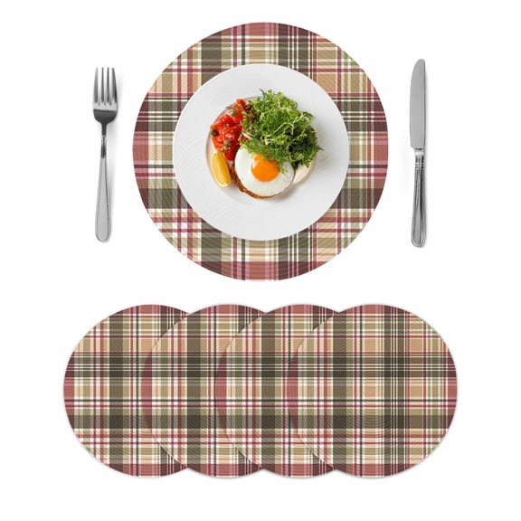 Round Woven Placemats set of 4, Red Brown Plaid Washable&Heat Resistant Plastic Wipeable Placemats for Round Table Country Farmhouse Checkered Kitchen Dining Table Decor, 13in,