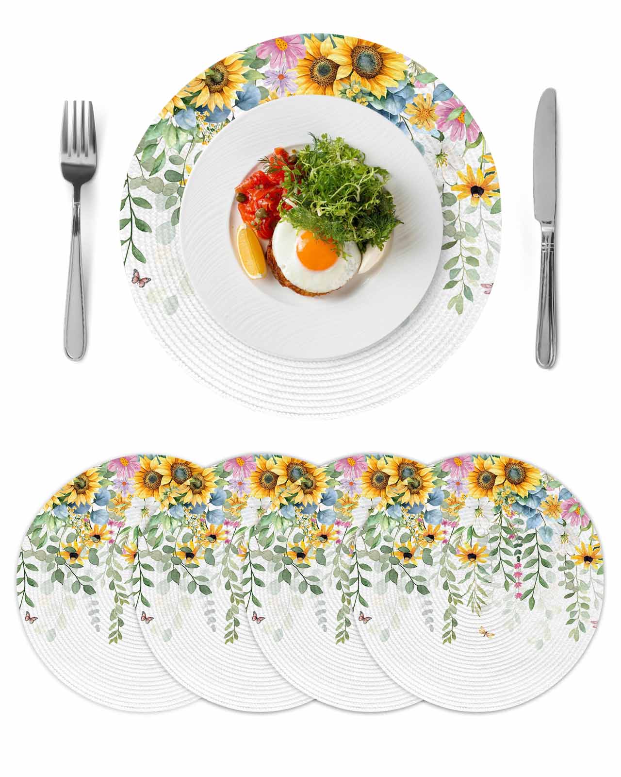 Round Woven Placemats set of 4, Sunflower Washable&Heat Resistant ...