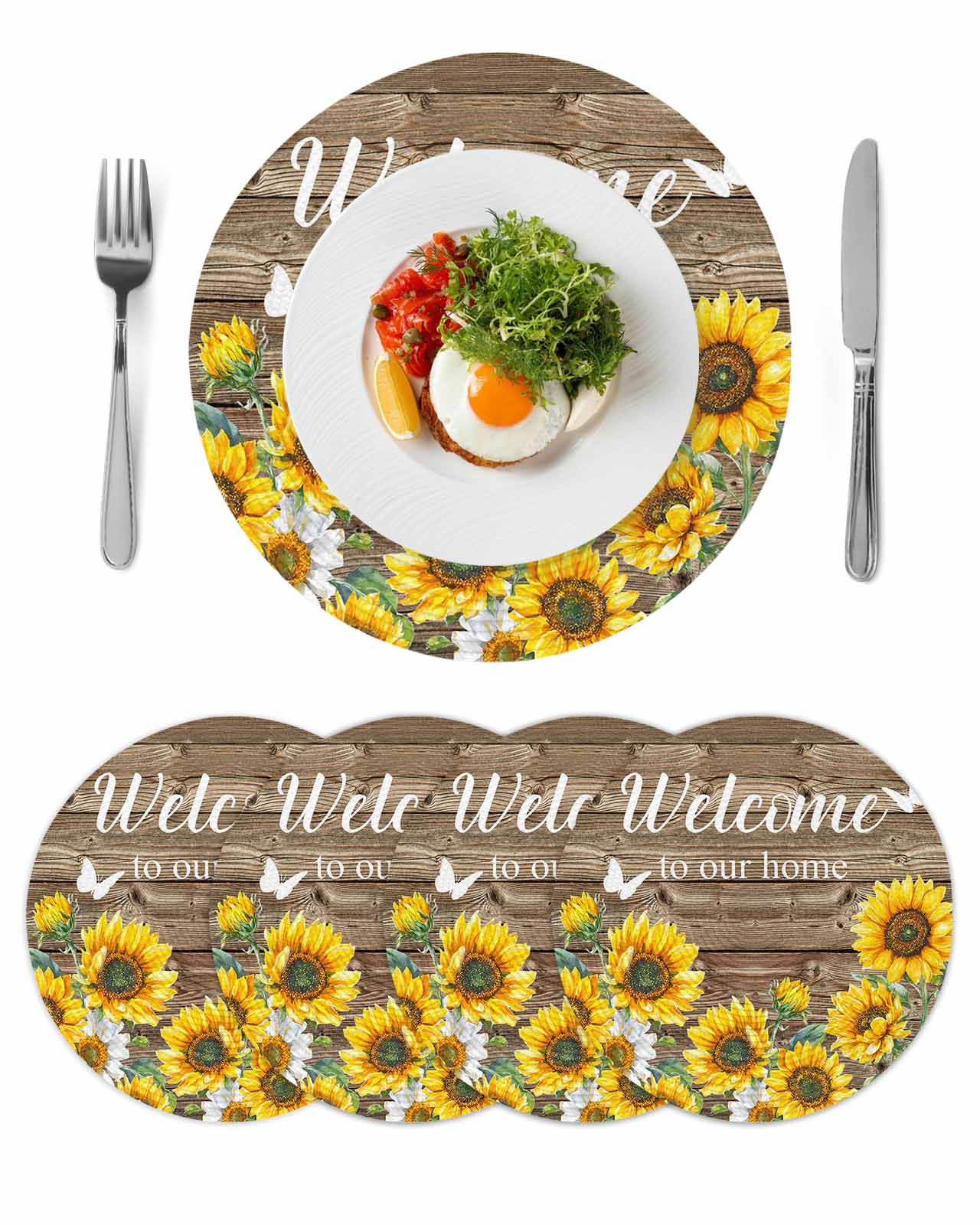 Round Woven Placemats set of 4, Sunflower Welcome Washable&Heat ...