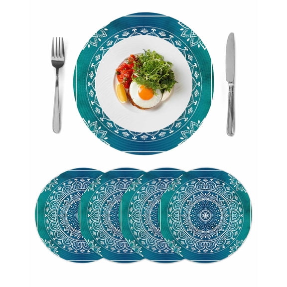 Round Woven Placemats set of 4, Teal Blue Bohemian Washable&Heat Resistant Plastic Wipeable Placemats for Round Table Retro Man-dala Pattern Kitchen Dining Table Decor, 13in, White