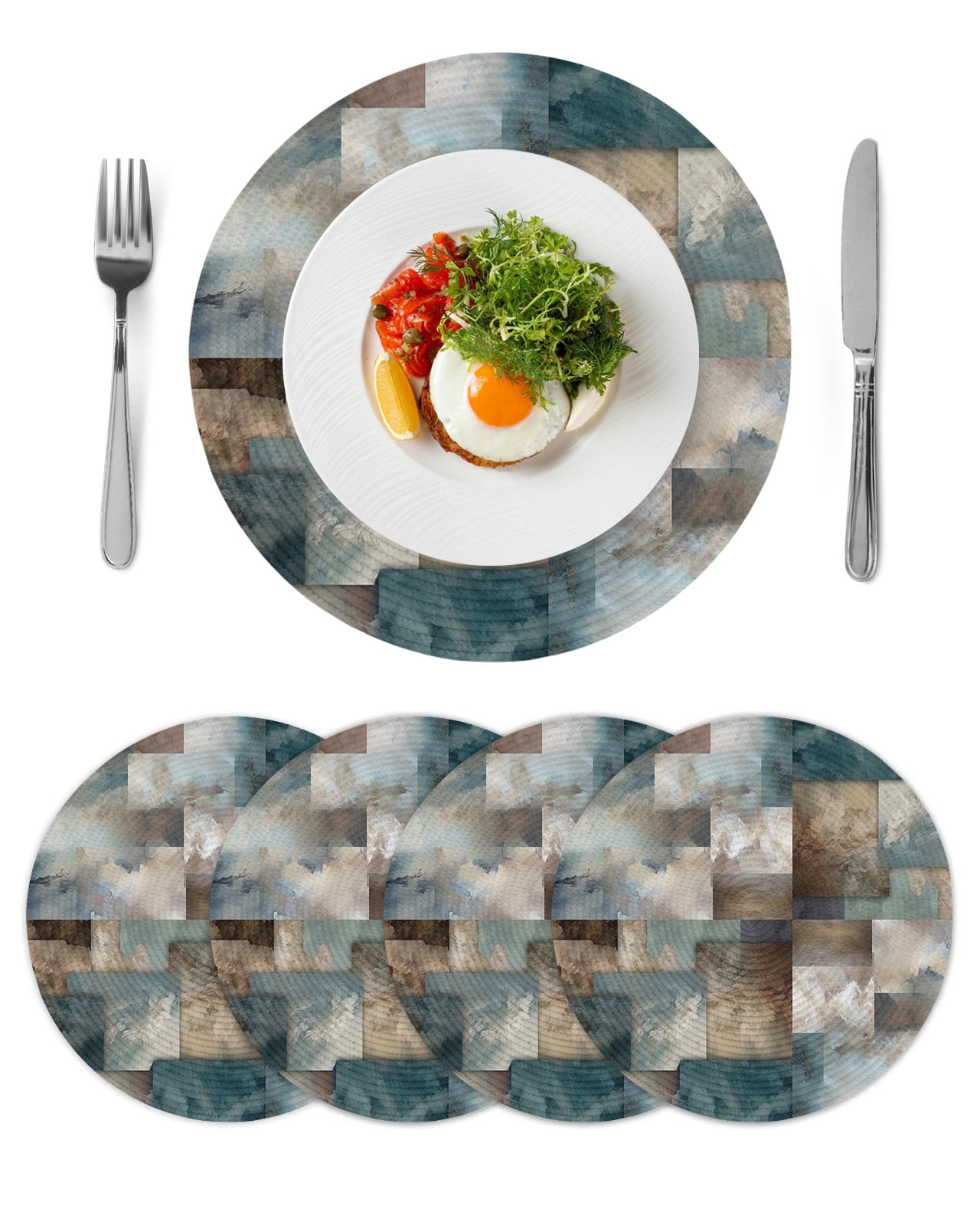 Round Woven Placemats set of 4, Teal Brown Abstract Blocks Washable&Heat Resistant Plastic Wipeable Placemats for Round Table Modern Geometric Squares Kitchen Dining Table Decor, 13in,