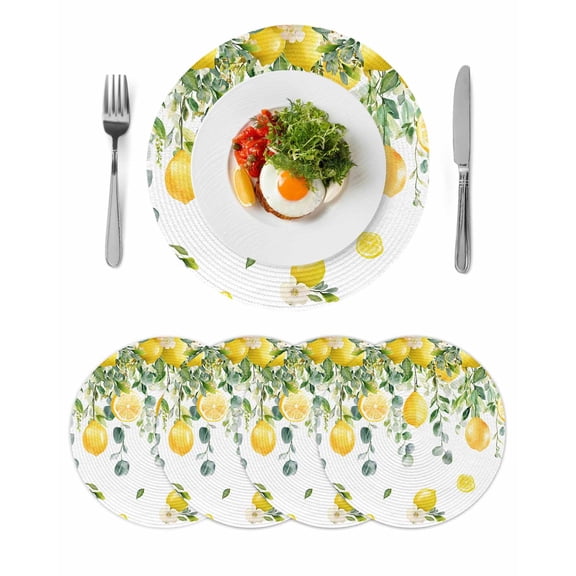 Round Woven Placemats set of 4, Tropical Washable&Heat Resistant Plastic Wipeable Placemats for Round Table Lemon Leaf Fruit Kitchen Dining Table Decor, 15in, Yellow Green White