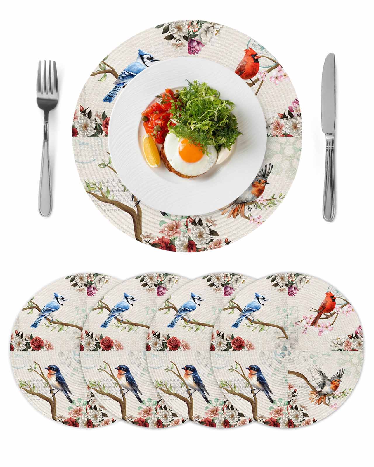 Round Woven Placemats set of 4, Vintage Birds Flower Washable&Heat ...