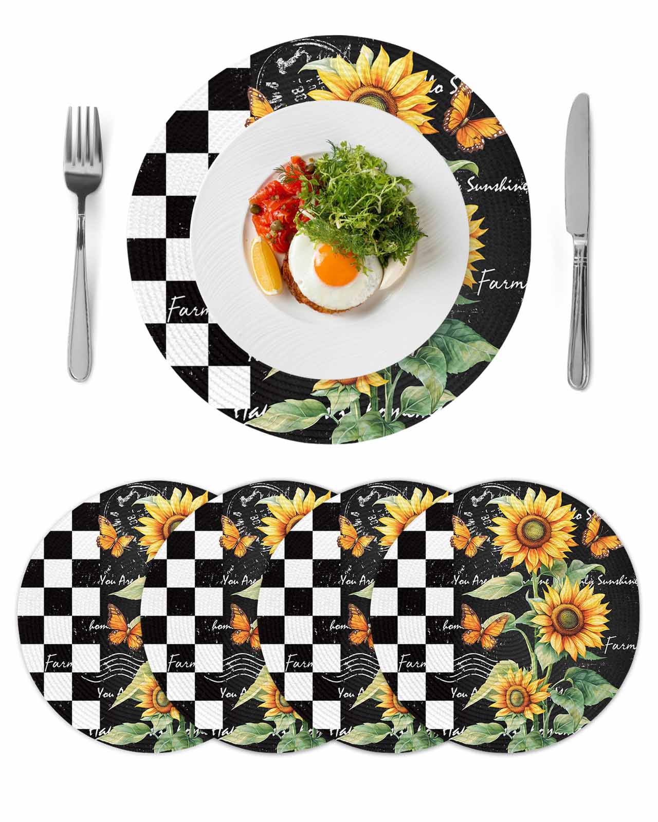 Round Woven Placemats set of 4, Vintage Sunflower Butterfly Washable ...