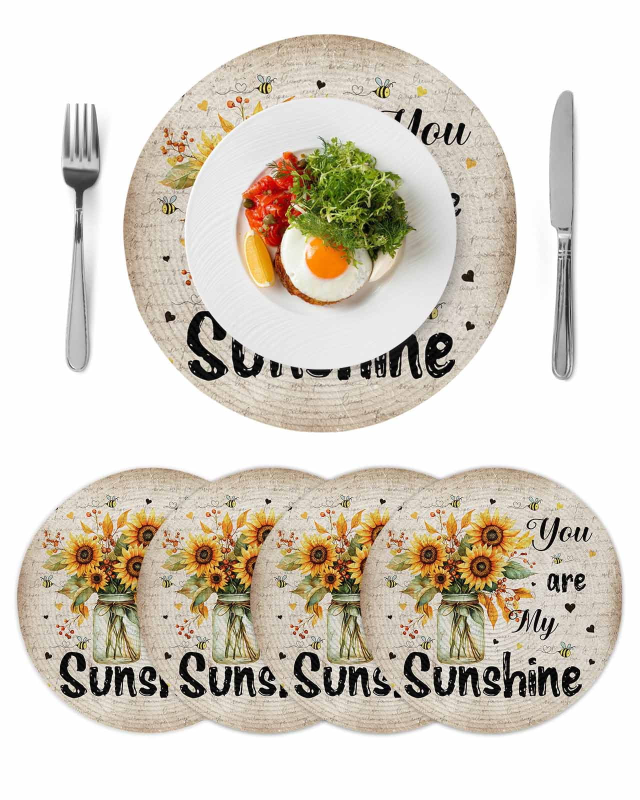 Round Woven Placemats set of 4, Vintage Sunflower Washable&Heat Resistant Plastic Wipeable Placemats for Round Table You Are My Sunshine Love Quotes Kitchen Dining Table Decor, 13in,