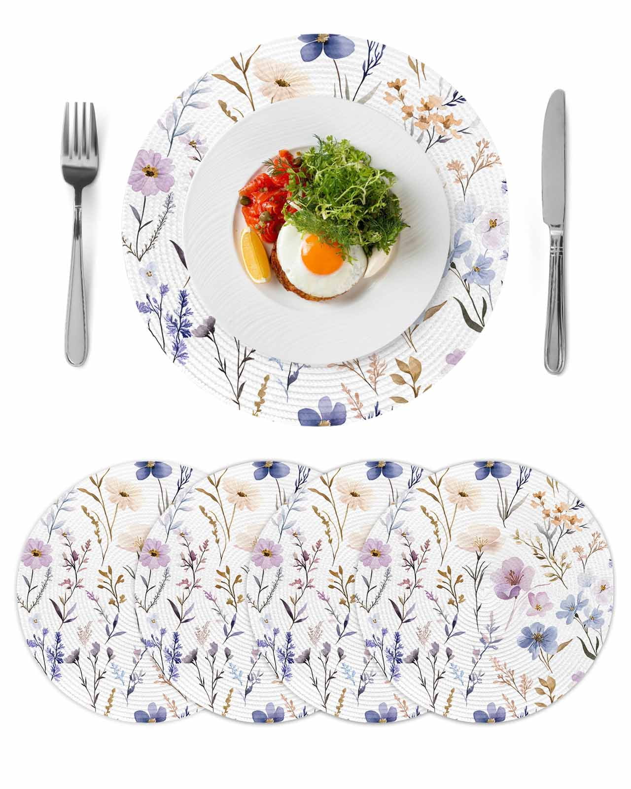 Round Woven Placemats set of 4, Watercolor Blue Purple Flowers Washable&Heat Resistant Plastic Wipeable Placemats for Round Table Botanical Kitchen Dining Table Decor, 13in,
