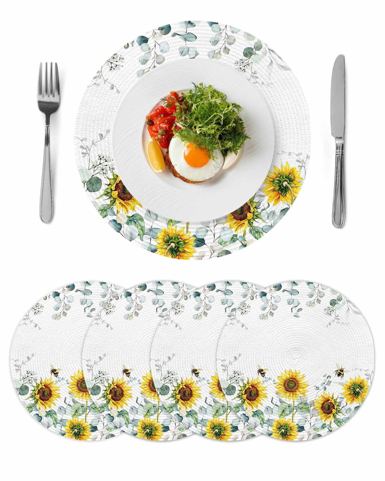 Round Woven Placemats set of 4, Yellow Sunflower Floral Washable&Heat ...