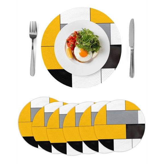 Round Woven Placemats set of 6, Abstract Geometric Block Pattern Washable&Heat Resistant Plastic Wipeable Placemats for Round Table Yellow White Gray Kitchen Dining Table Decor, 13in,