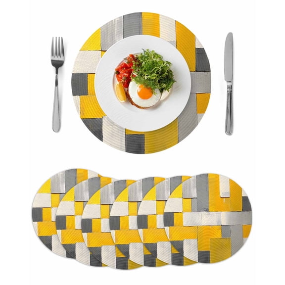 Round Woven Placemats set of 6, Abstract Retro Washable&Heat Resistant Plastic Wipeable Placemats for Round Table Geometric Block Pattern Kitchen Dining Table Decor, 13in, Yellow Gray