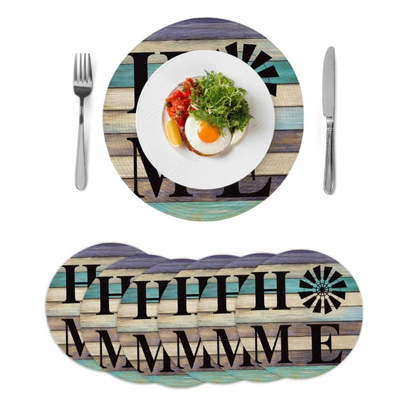 Round Woven Placemats set of 6, Black Windmill HOME Washable&Heat Resistant Plastic Wipeable Placemats for Round Table Farmhouse Brown Green Wood Texture Kitchen Dining Table Decor, 13in,