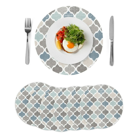 Round Woven Placemats set of 6, Blue Beige Grey Brown Washable&Heat Resistant Plastic Wipeable Placemats for Round Table Rustic Retro Moroccan Plaid Kitchen Dining Table Decor, 15in,