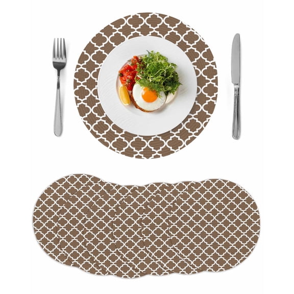 Round Woven Placemats set of 6, Brown White Geometric Washable&Heat Resistant Plastic Wipeable Placemats for Round Table Minimalist Morocco Pattern Kitchen Dining Table Decor, 13in,