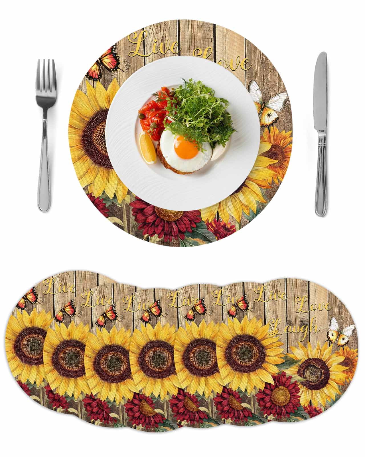 Round Woven Placemats set of 6, Butterfly Sunflower Washable&Heat ...