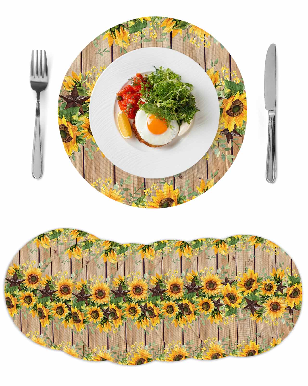Round Woven Placemats set of 6, Farmhouse Floral Sunflower Washable ...