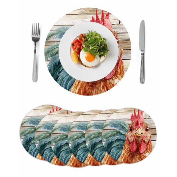 Round Woven Placemats set of 6, Farmhouse Rooster Washable&Heat Resistant Plastic Wipeable Placemats for Round Table Rustic Wood Texture Kitchen Dining Table Decor, 13in, Red Brown