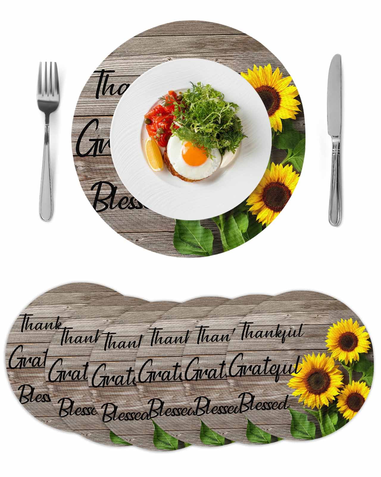 Round Woven Placemats set of 6, Farmhouse Sunflower Washable&Heat ...