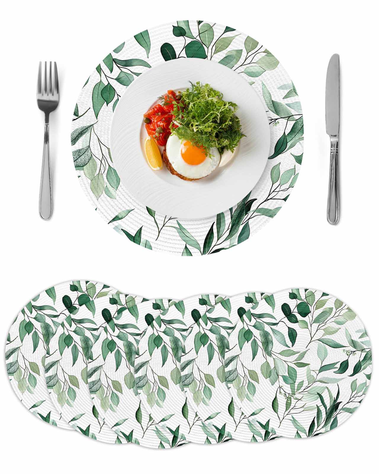 Round Woven Placemats set of 6, Green Eucalyptus Leaves Washable&Heat ...