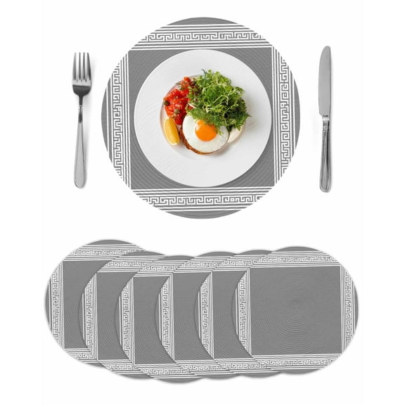 Round Woven Placemats set of 6, Grey White Greek Key Pattern Washable&Heat Resistant Plastic Wipeable Placemats for Round Table Geometric Modern Kitchen Dining Table Decor, 13in,