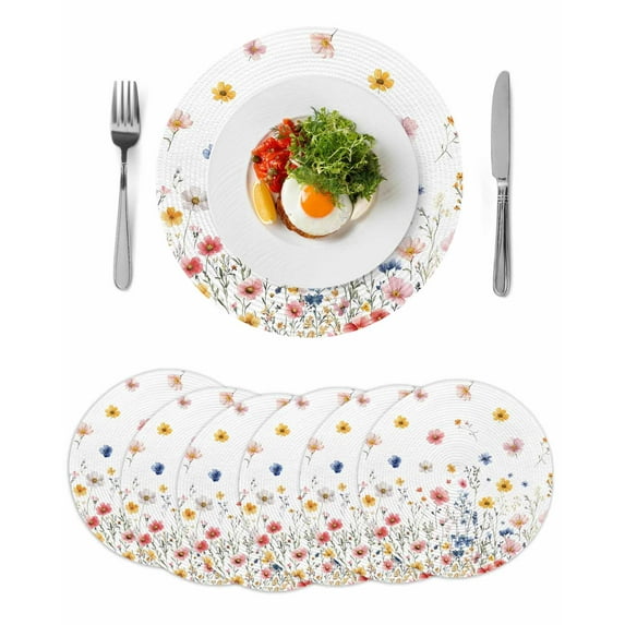 Round Woven Placemats set of 6, Multicolor Watercolor Floral Washable&Heat Resistant Plastic Wipeable Placemats for Round Table Spring Pastel Wildflowers Kitchen Dining Table Decor, 15in, White