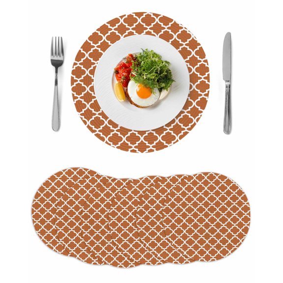 Round Woven Placemats set of 6, Orange White Geometric Washable&Heat Resistant Plastic Wipeable Placemats for Round Table Minimalist Morocco Pattern Kitchen Dining Table Decor, 13in,