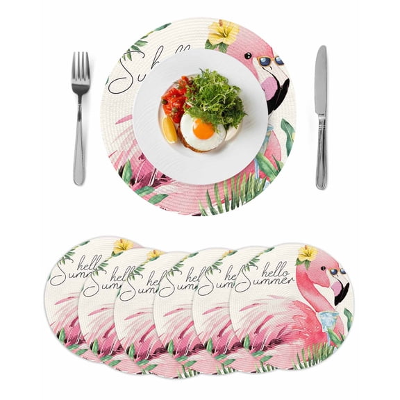 Round Woven Placemats set of 6, Pink Tropical Flamingos Washable&Heat Resistant Plastic Wipeable Placemats for Round Table Hello Summer Palm Leaf Kitchen Dining Table Decor, 13in, Green