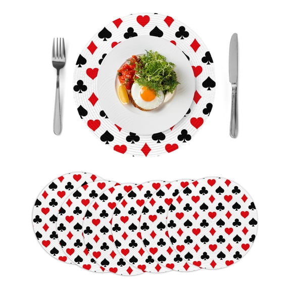 Round Woven Placemats set of 6, Poker Game Texture Washable&Heat Resistant Plastic Wipeable Placemats for Round Table Red Black Casino Pattern Kitchen Dining Table Decor, 15in,