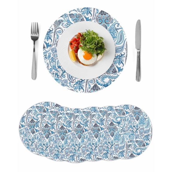 Round Woven Placemats set of 6, Retro Abstract Floral Washable&Heat Resistant Plastic Wipeable Placemats for Round Table Paisley Pattern Kitchen Dining Table Decor, 13in, Aqua